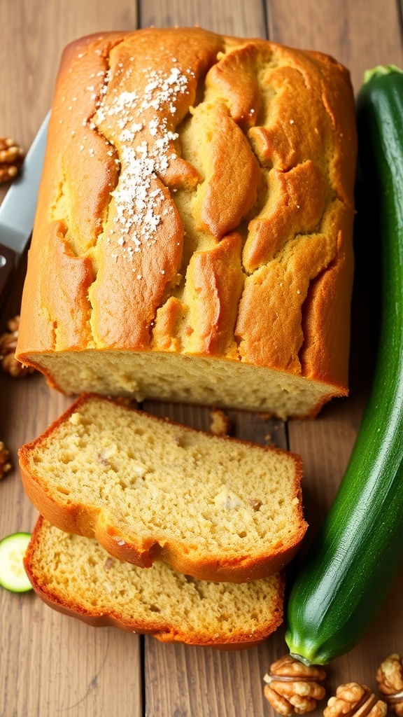 A golden brown zucchini bread in a 9x13 pan with a slice removed, garnished with powdered sugar and fresh zucchini.